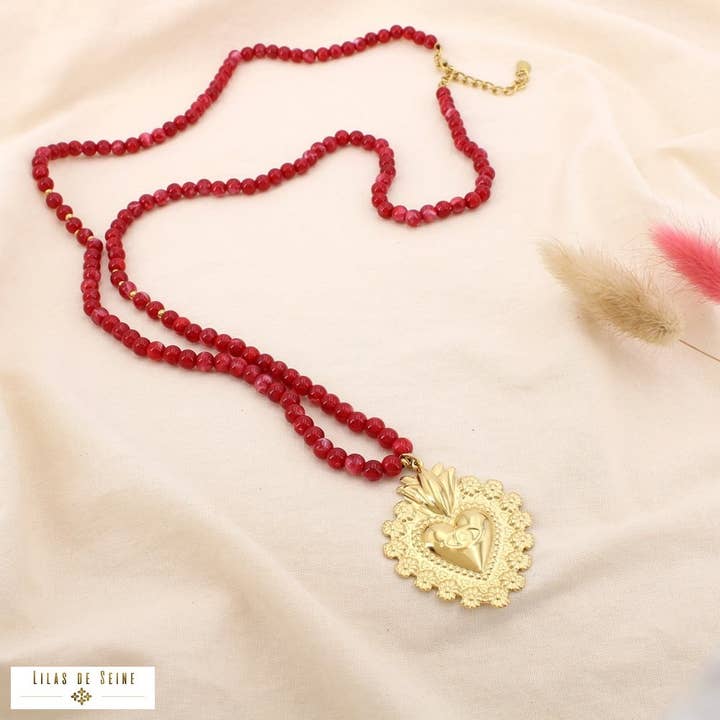 Long heart eye necklace acrylic stone effect steel 0125529 for wholesale by Lilas de Seine