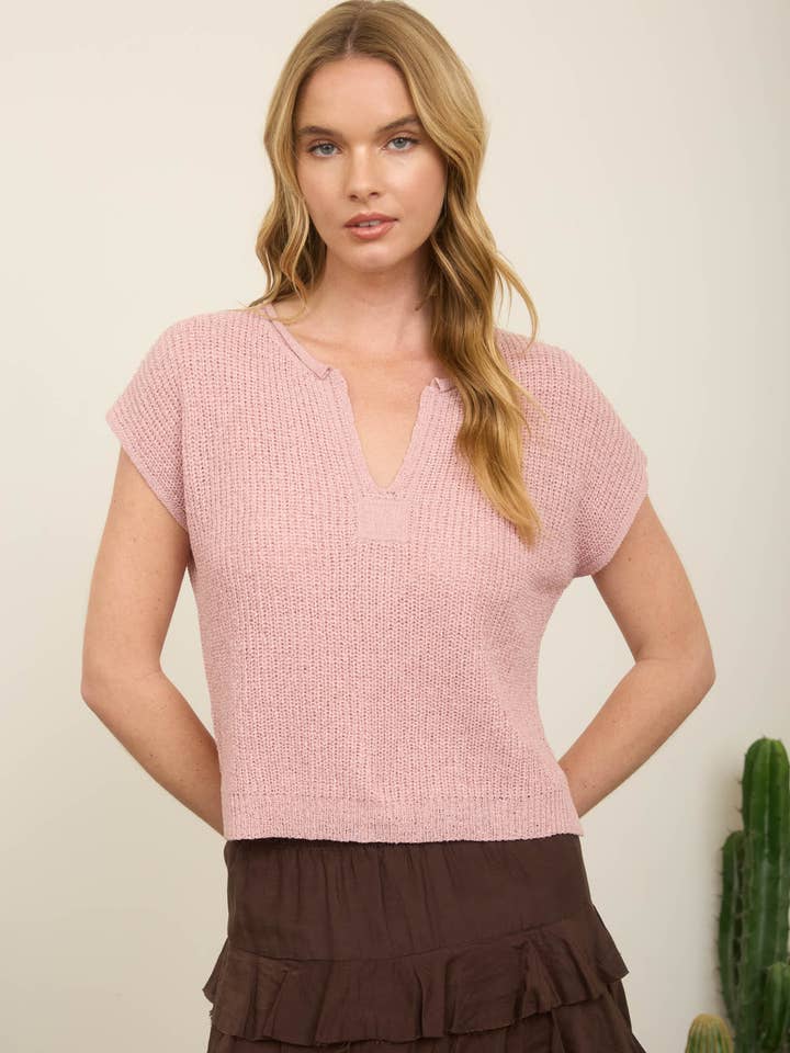 SPLIT NECK BATWING SLEEVELESS KNIT SWEATER for wholesale by Blu Pepper