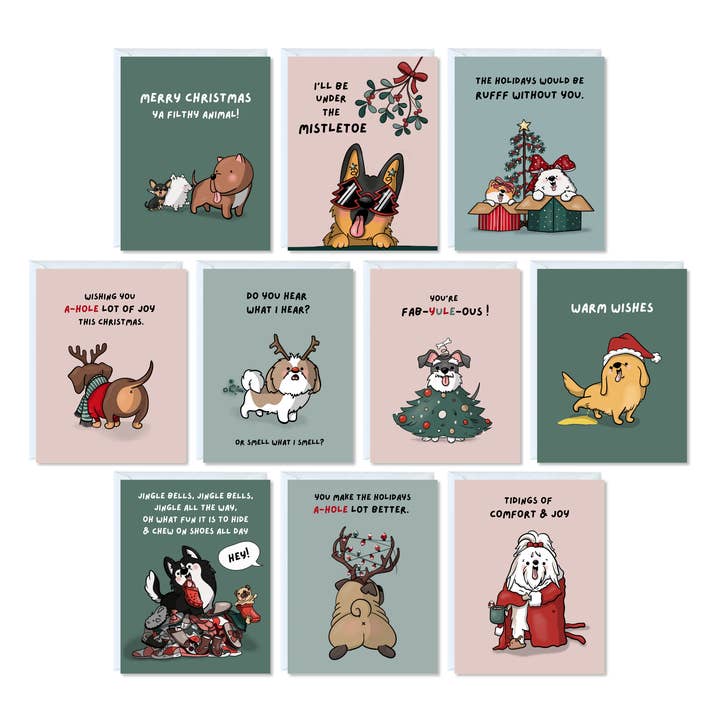 Cute Christmas Dogs Assorted Pack of 10 Punny Greeting Cards for wholesale by ALY LOU®