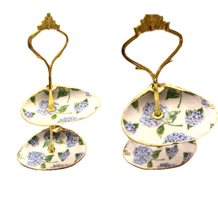 Hydrangea Two-Tiered Clam Jewlery Stand - Decoupaged for wholesale by Lulushells