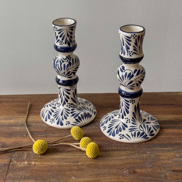 Global Crafts - Wholesale Candle Holder - Mexican Pottery Handmade Candle Holder Blue Plumeado6