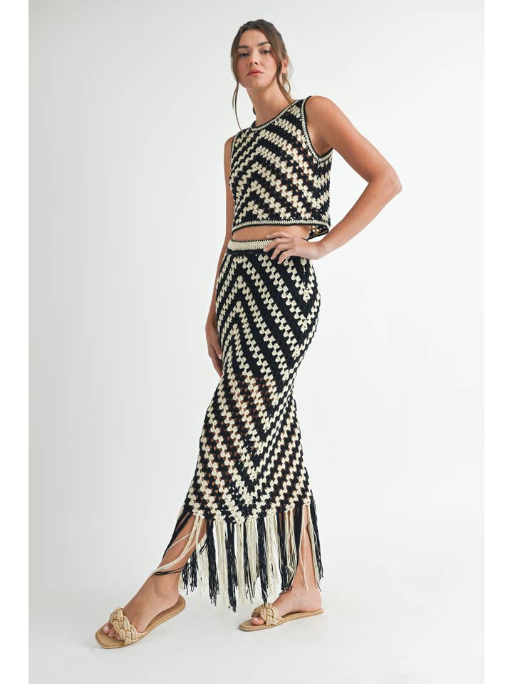 CREAM BLACK Crochet Fringed Maxi Skirt. for wholesale on Faire