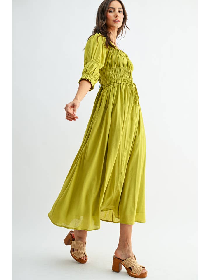 Camellia – wholesale Dress – Women's – CD25164 OFF-SHOULDER SMOCKED MIDI DRESS PLEATED SKIRT18