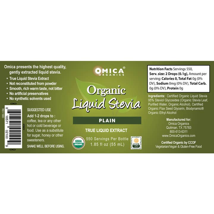 Omica Organics - Wholesale Sugar/Sweetener - Organic Liquid Stevia, Plain (1.85oz / 55ml)