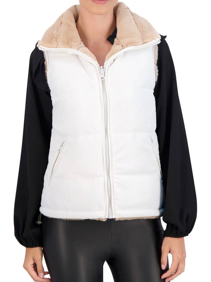Ivory Carbon Puffer Vest Reversible to Grooved Faux Fur for wholesale on Faire2