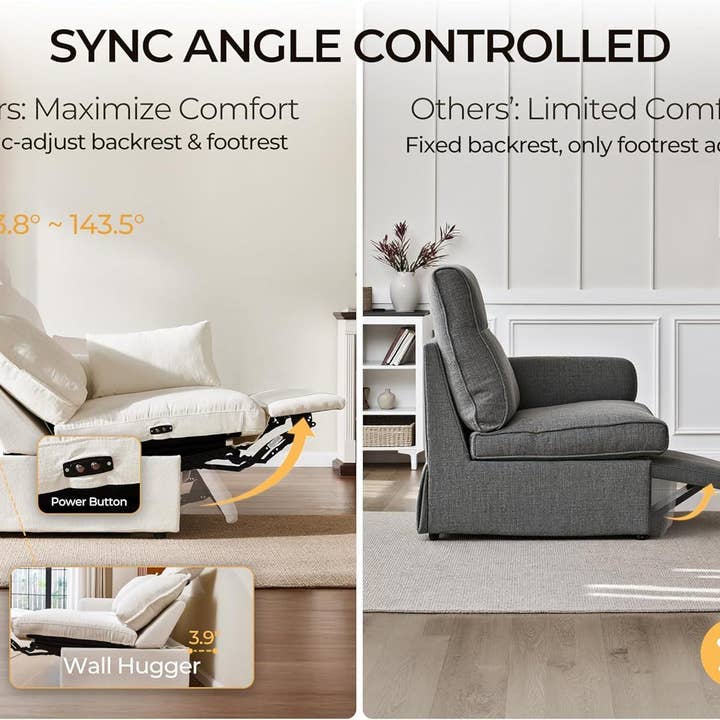 102.8 Inch White Chenille Power Recliner Sofa With Headrest Storage USB Table Wall Hugger for wholesale on Faire5