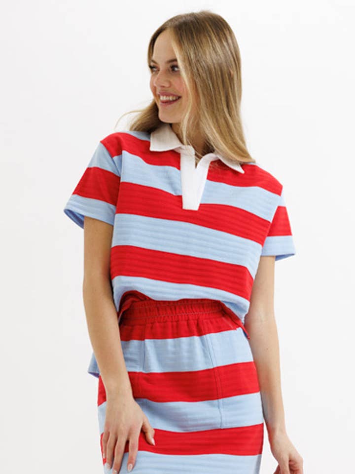 Du Jour Red & Blue Short Sleeve Polo Top for wholesale by Downeast