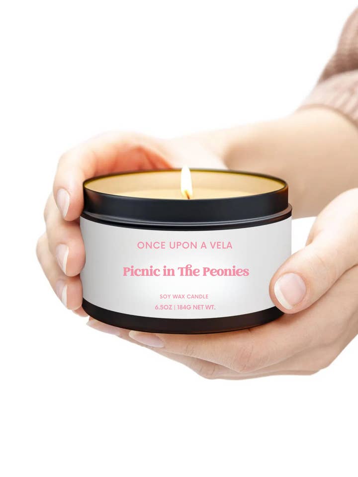 Soy Candle - Picnic in The Peonies 6.5 Matte Black Tin for wholesale by Once Upon A Vela