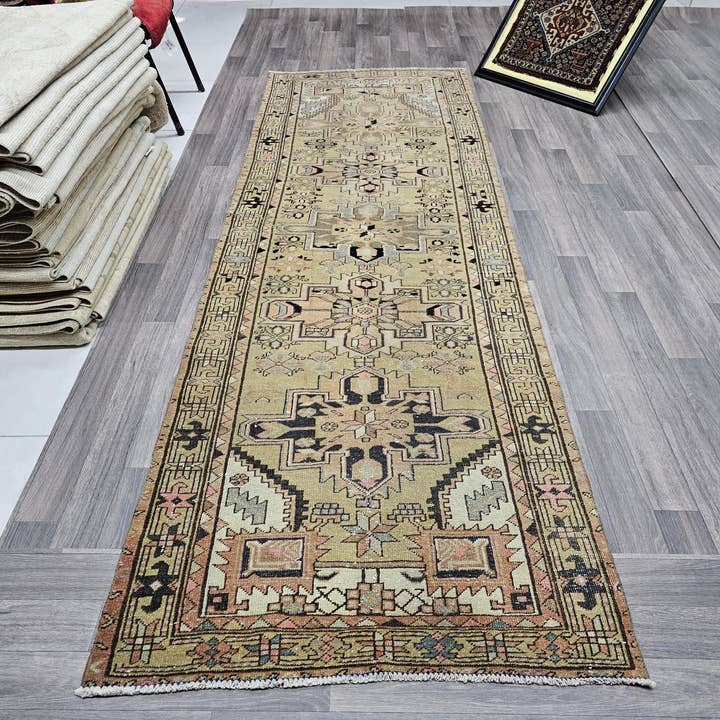 Hand Knotted Wool Turkish Runner Rug: Vintage Geometric Design for wholesale by MesopotamiaRugs