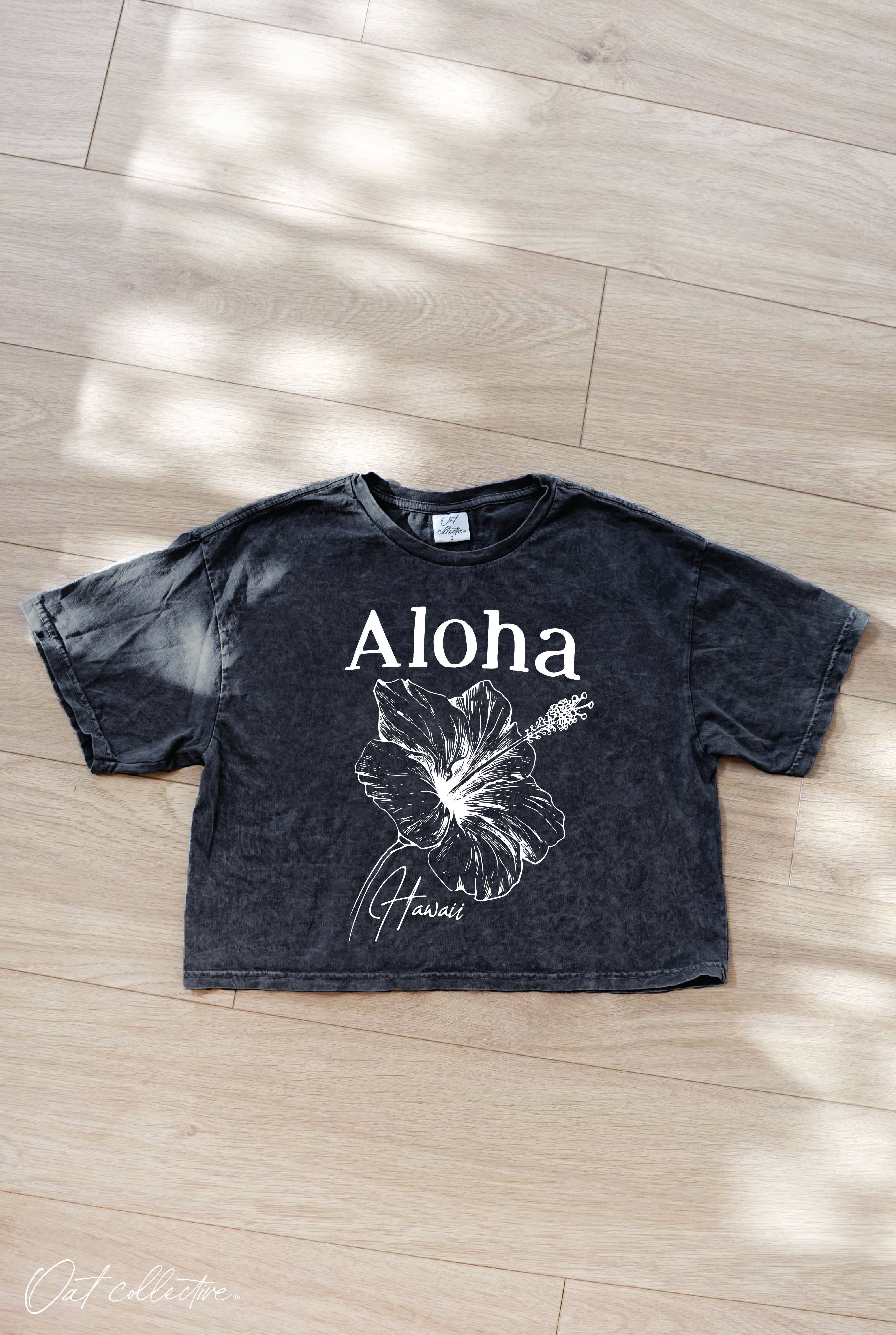 OAT COLLECTIVE - Wholesale Screen Printed T-Shirt - Women's - ALOHA HAWAII Cropped Mineral Washed Graphic Top
5
