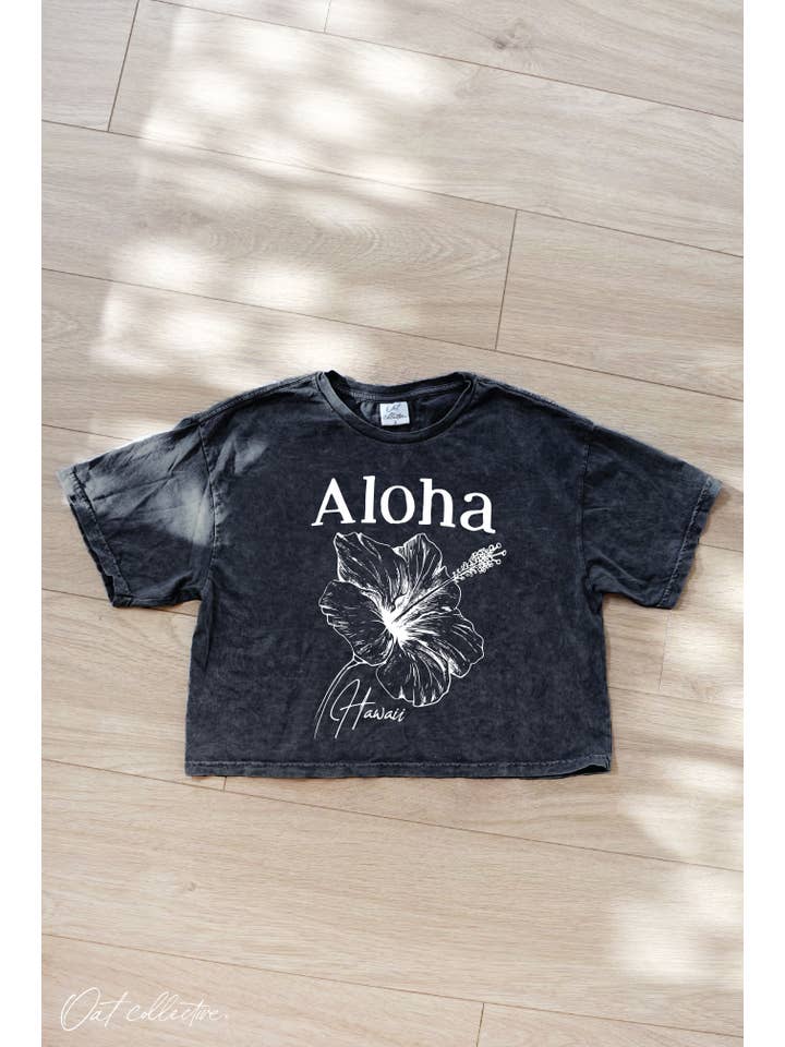 OAT COLLECTIVE - Wholesale Screen Printed T-Shirt - Women's - ALOHA HAWAII Cropped Mineral Washed Graphic Top
5