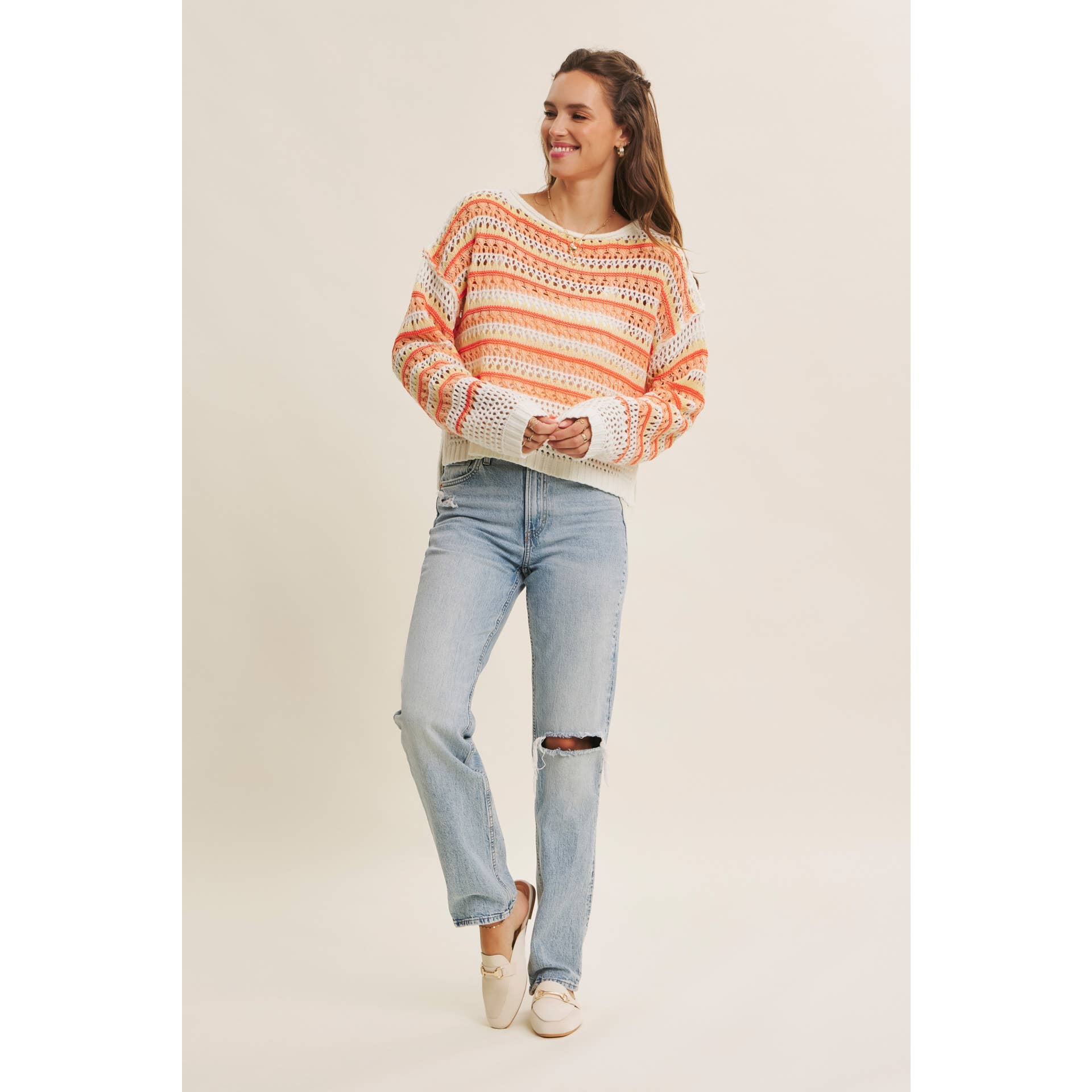 in february - Wholesale Knit Sweater - Women's - BRIGHT VIBRANT MULTI STRIPE LOOSE FIT CROCHET SWEATER TOP8