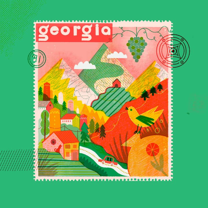 Georgia: Reise durch den Kaukasus Risograph Kunstdruck für den Großhandel von Rhi Moxon Illustration