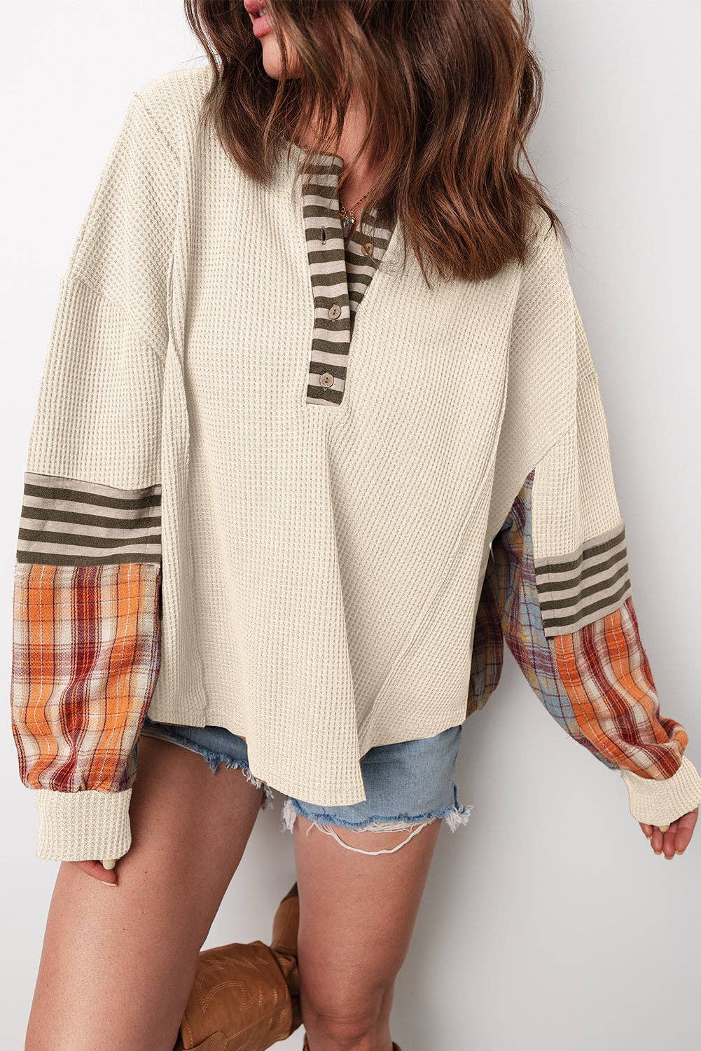PRETTY BASH - Wholesale Knit Top - Women's - Stripe Plaid Patchwork Waffle Knit Henley Top