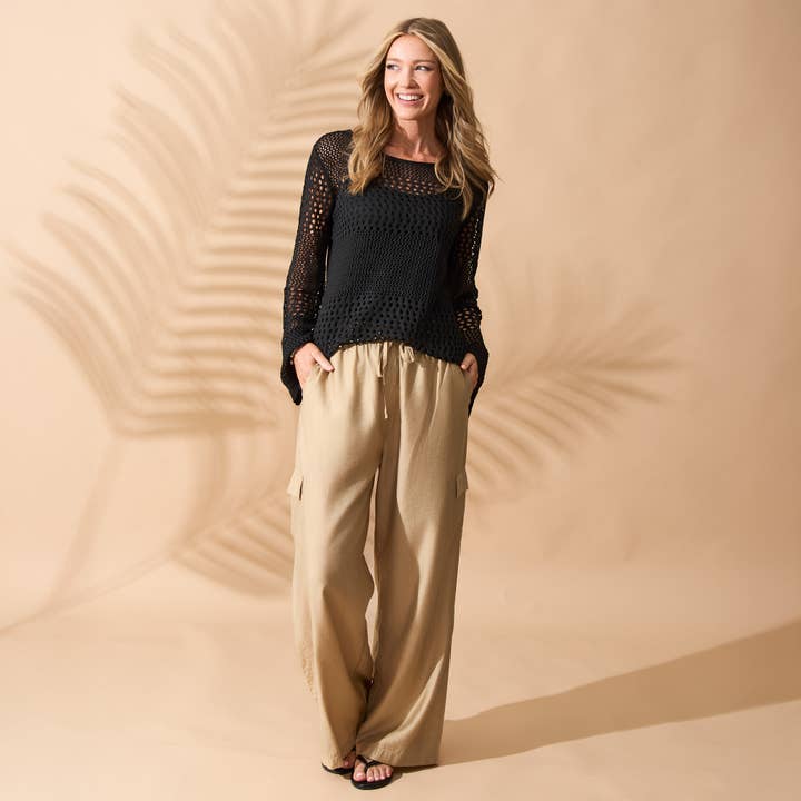 Cargo Pant Laine Wide Leg Elastic Tie Waist with Pockets for wholesale by Howard's