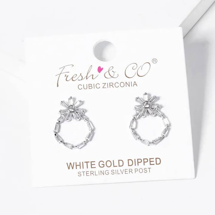 Wild Honey - Wholesale Dangle Earrings - White Gold Dipped Baguette CZ Pave Circle Drop Flower Stud Earrings1
