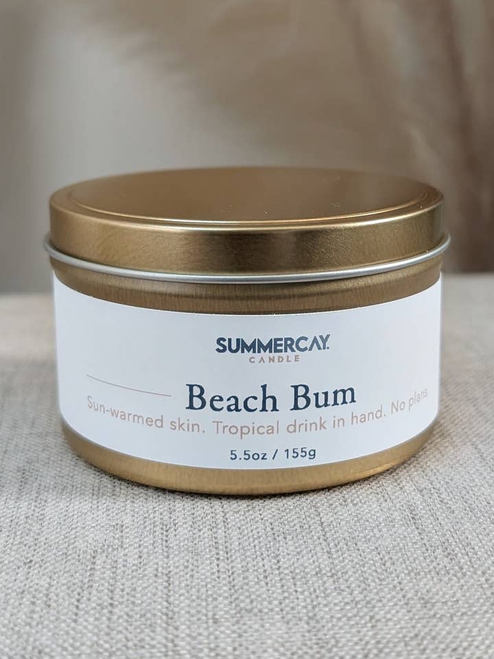 Beach Bum | 5.5 oz Gold Tin Soy Candle for wholesale by SummerCay Candle