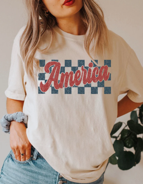 Eleven Fashion - Wholesale Screen Printed T-Shirt - Women's - Checkered Retro USA Shirt0