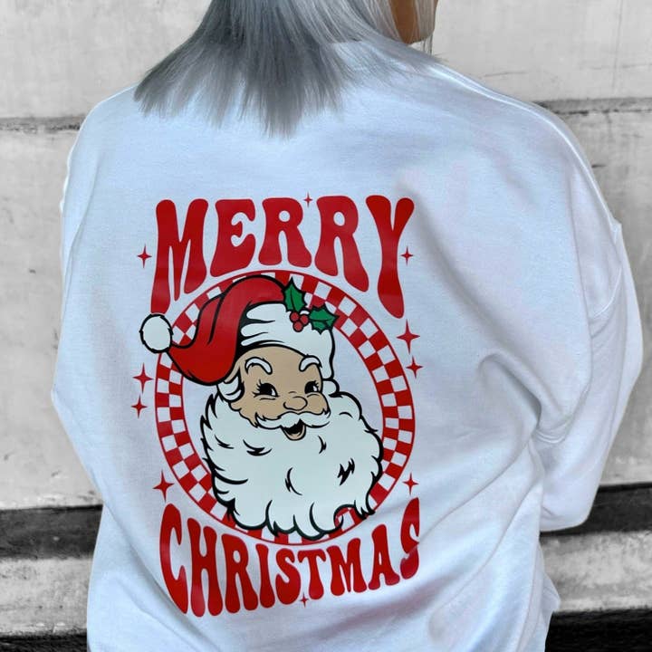 Merry Christmas Crew Sweatshirt, White (Toddler, Youth, Adult) for wholesale by Micro Me
