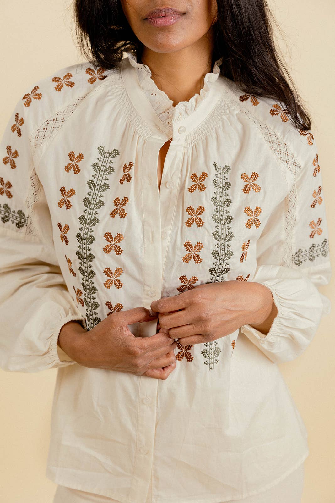 EMILIE K - Wholesale Button Down Shirt - Women's - SERVANE Blouse with embroidery and ruffled collar2