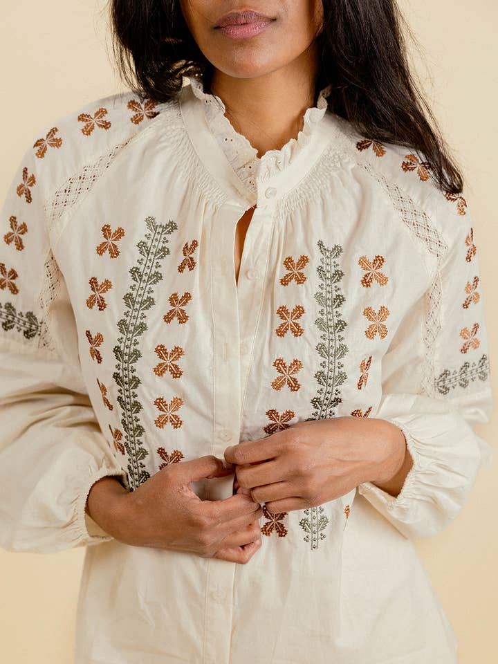 EMILIE K - Wholesale Button Down Shirt - Women's - SERVANE Blouse with embroidery and ruffled collar2