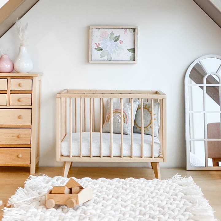 Macy Mae Dollhouse Designs - Wholesale Doll - Kids - Dollhouse Nursery Crib + Mattress | Natural Wood