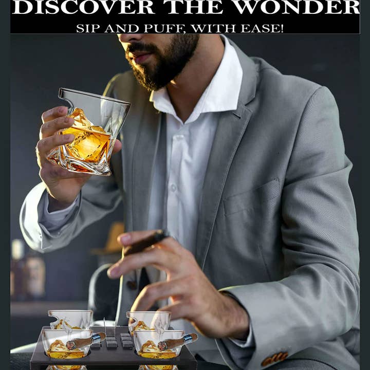 Bezrat - Vente Verres à cocktail/alcool - 4 verres à whisky avec pierres rafraîchissantes sertis sur plateau en bois3