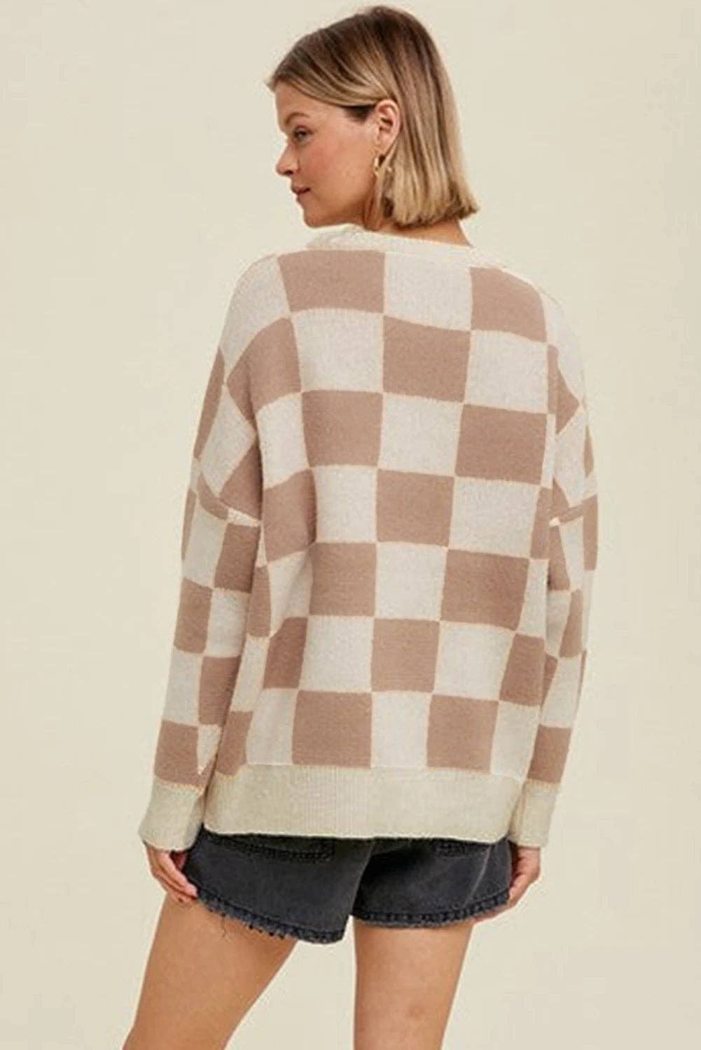 Lovesoft - Wholesale Knit Sweater - Women's - Parchment Checkered Pattern Ribbed Trim Knit Baggy Sweater1