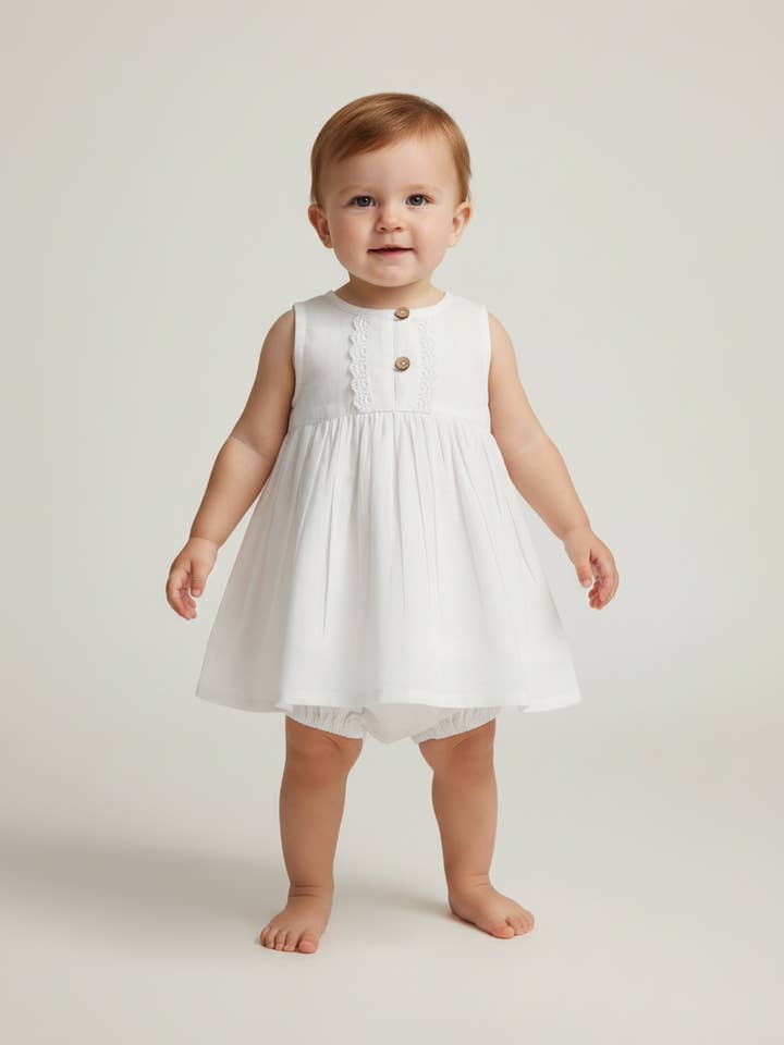 White Sleeveless Dress & Diaper Cover Set for wholesale by Yo Baby