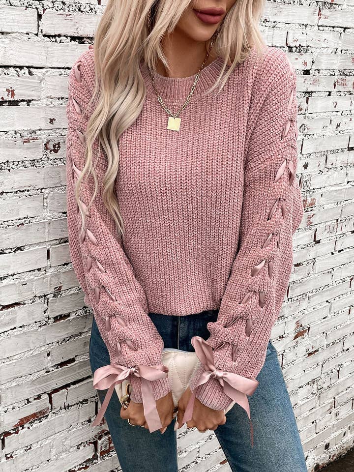 Rosa Clothing - Wholesale Knit Sweater - Women's - Loose-Fitting Casual Lace-Up Long-Sleeved Knit Sweater