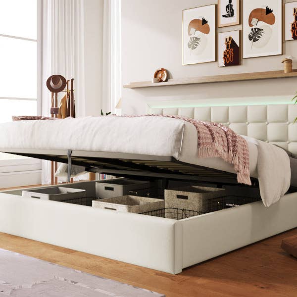 Urban Meuble - Wholesale Bed - White PU double storage bed with high padded headboard, LED lighting 160*200cm STUDDU25