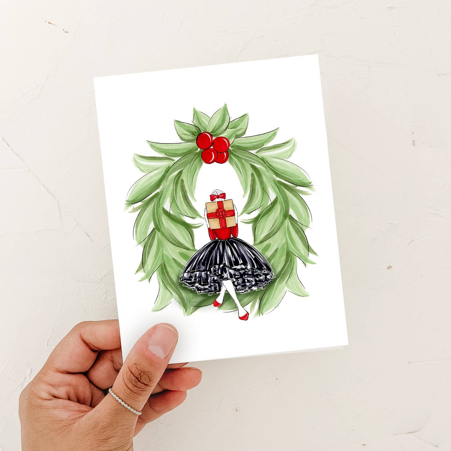 Almeida Illustrations - Wholesale Christmas Card - Wreath Girl Christmas Holiday Greeting Card4