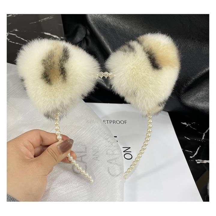 FurDecoration - Wholesale Fashion headband – women's - Fluffy Rex Rabbit Fur Cat Ears Hairband with Pearls9