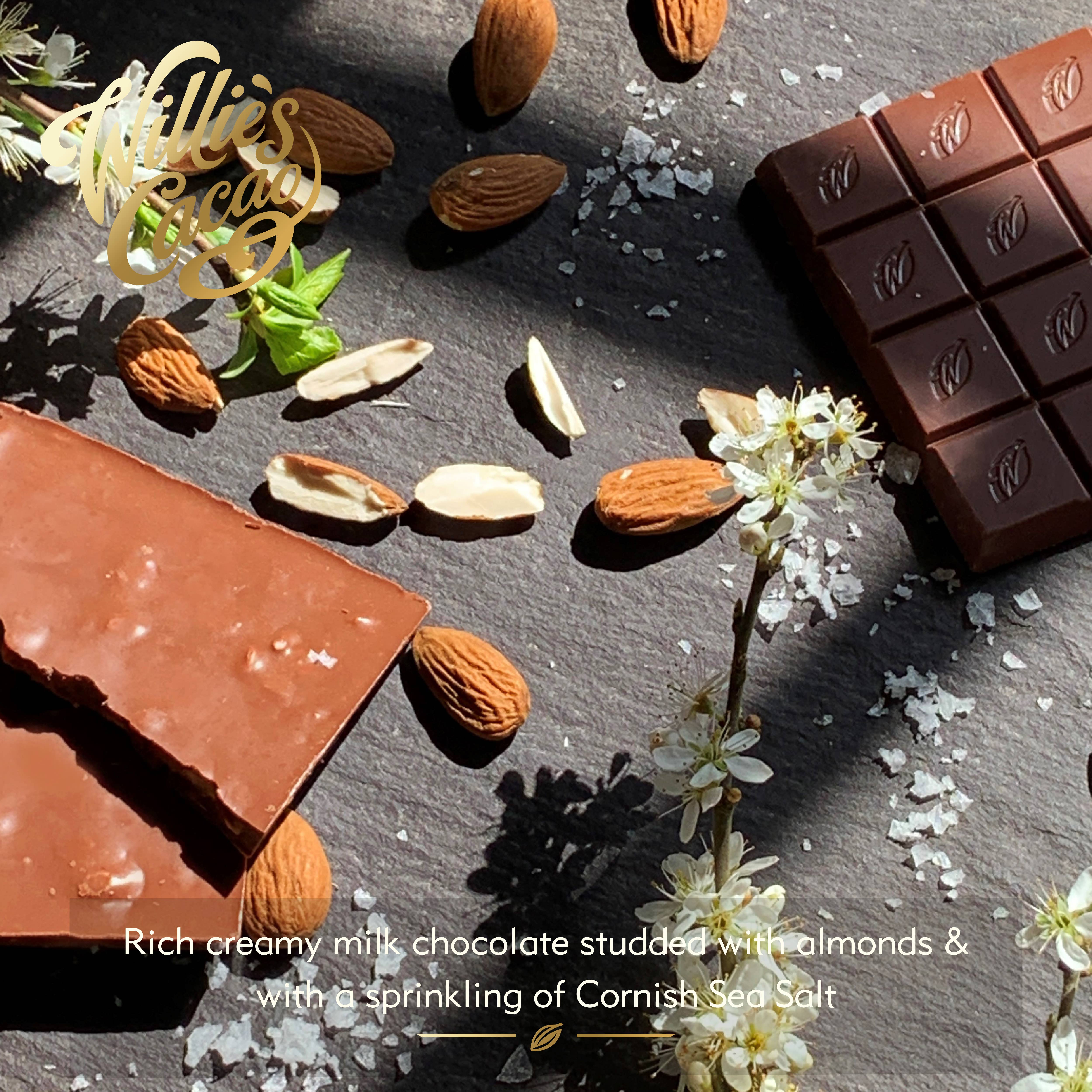 Willie's Cacao – wholesale Chocolate bar – Sea Kissed Almond. Milk chocolate w. almonds & sea salt 50g 2
