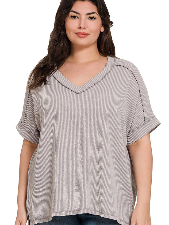 ....SI-27252 Plus Corded Rib Short Sleeve Hi Low Neck Top for wholesale by 42POPS