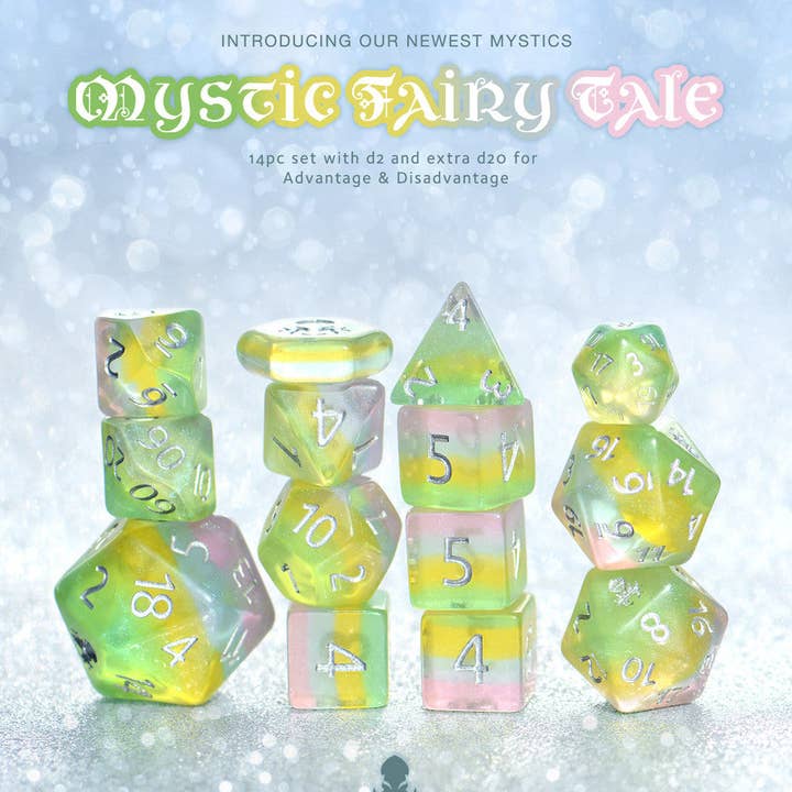 Mystic Fairy Tale 14pc Dice Set Inked in Silver for wholesale by Kraken Dice