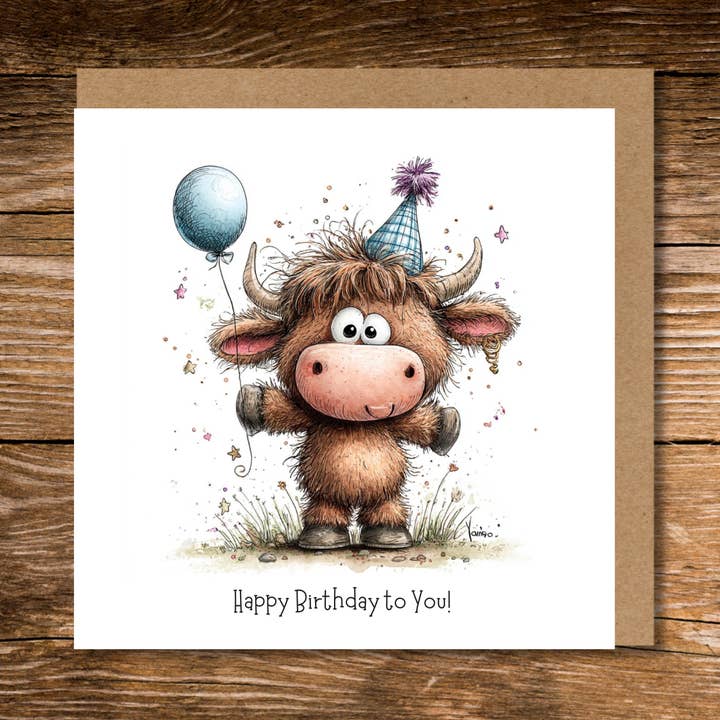 Cute Blue Highland Cow Birthday Card for wholesale by Country Rose Norfolk