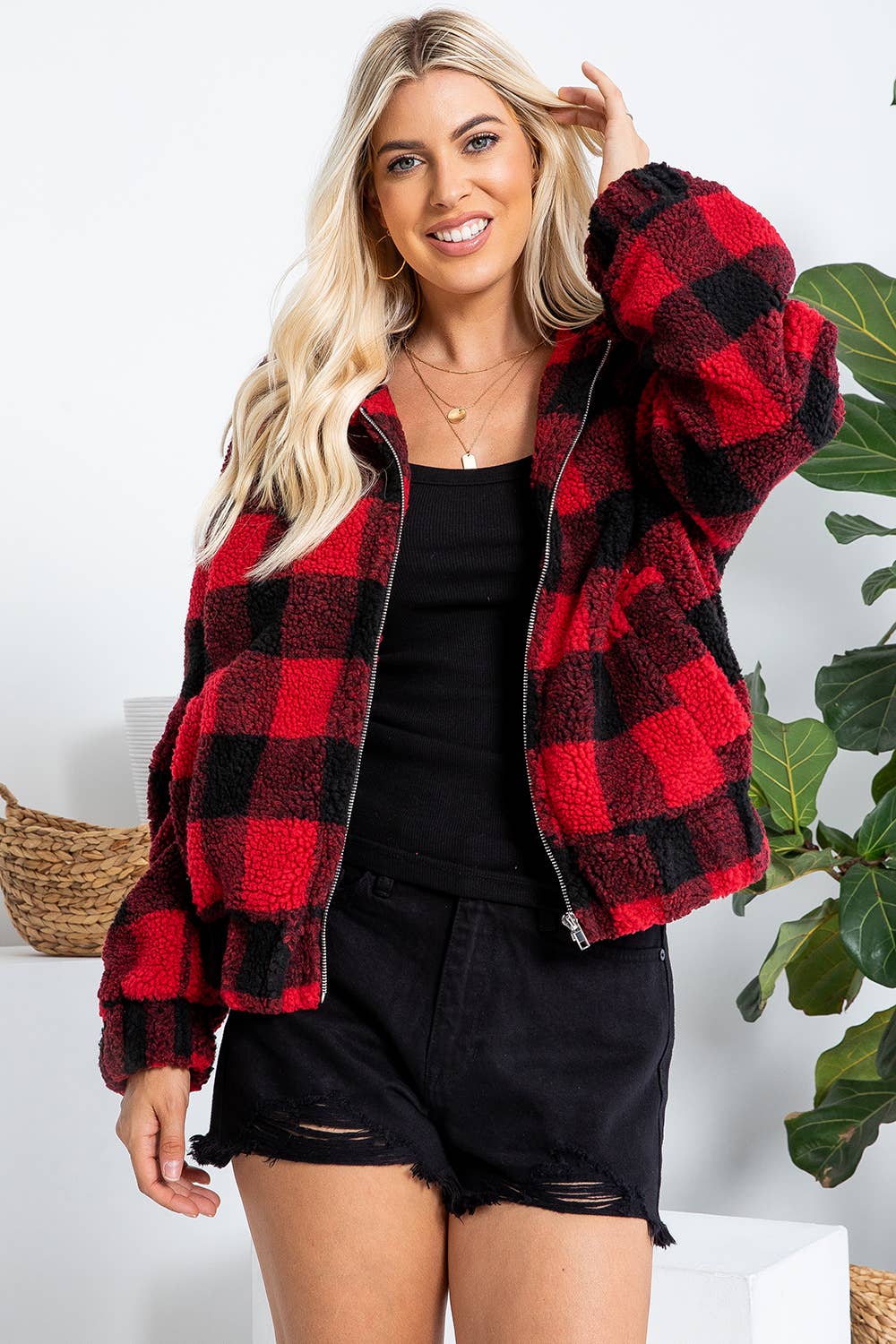 RED BLACK PLAID CHECKER ZIPPED JACKET for wholesale on Faire14