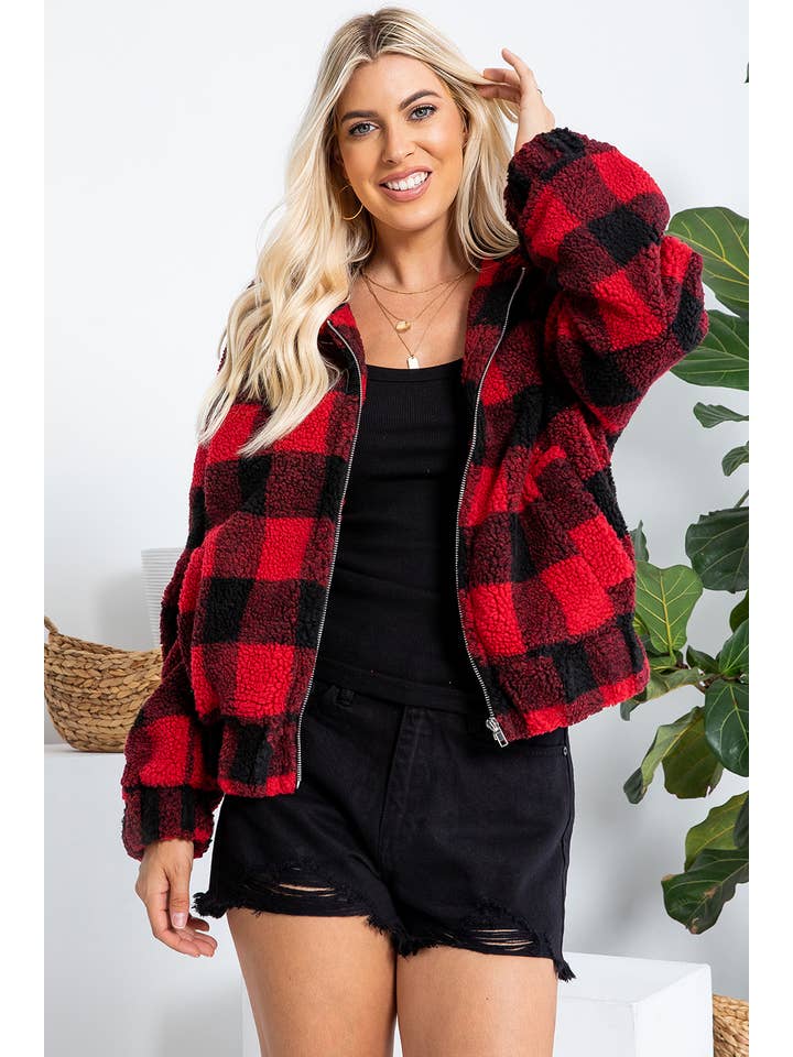 RED BLACK PLAID CHECKER ZIPPED JACKET for wholesale on Faire14