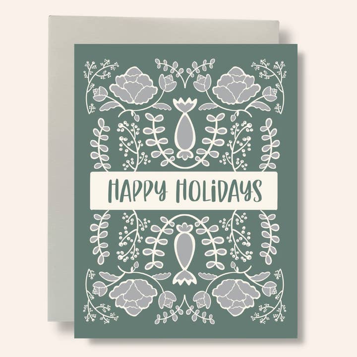 Happy Holidays - Green Floral Greeting Card for wholesale by Bean Horse Car Designs