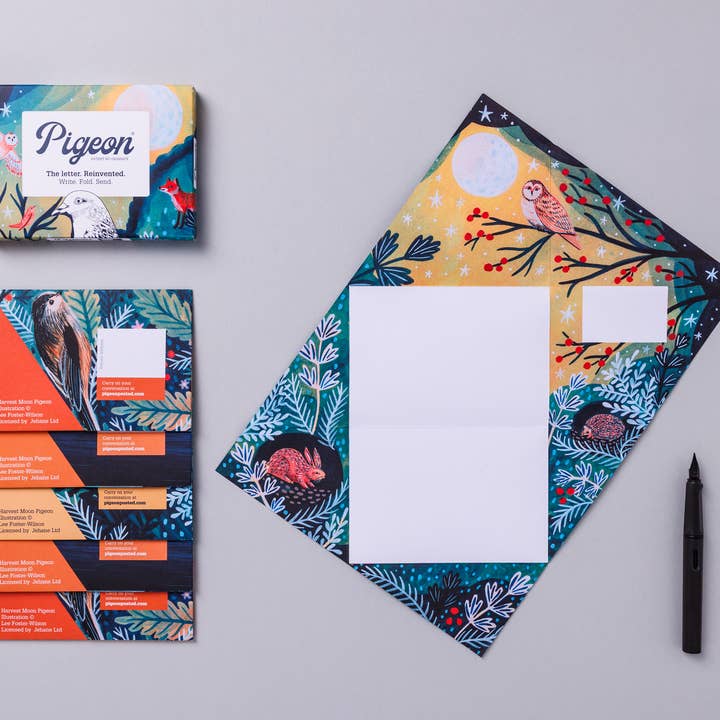 pigeonposted - Wholesale Stationery/Notecard Set - Harvest Moon Pigeon, Folding Holiday Letter Pack, Pack of 61