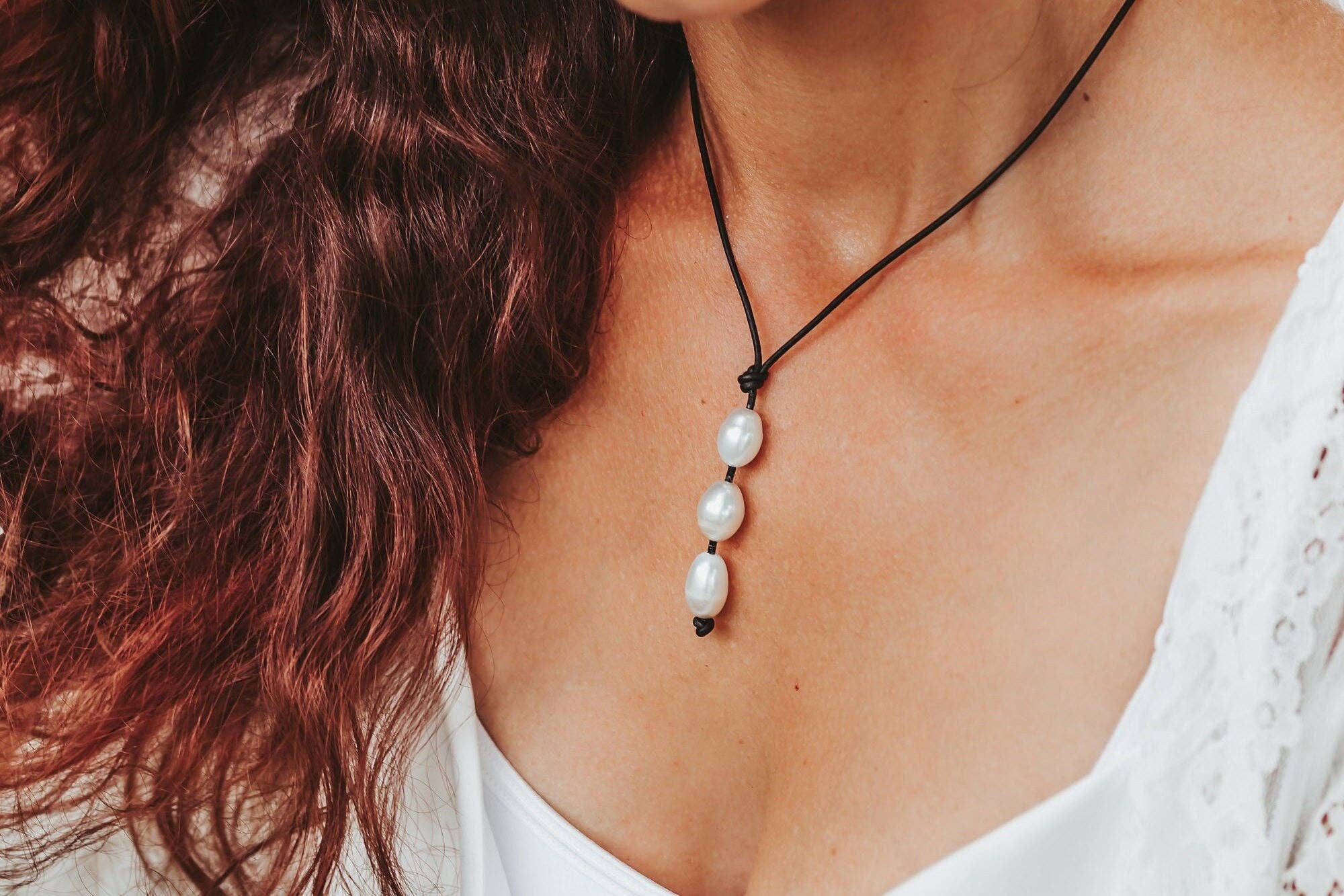 The Rustic Boho Chic - Vente Sautoir et collier en Y - Collier lariat en cuir avec perle, cadeau de 3ème anniversaire pour femme, pierre de naissance de juin8