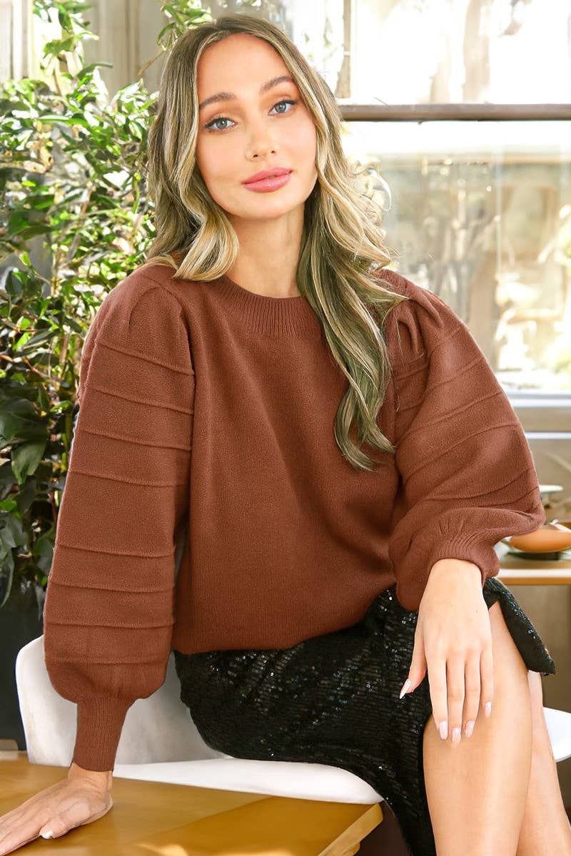 Vine & Love - Wholesale Pullover-trui - Dames - Trui met ronde hals, textuur, pofmouwen en comfortabele gebreide stof VT7036421