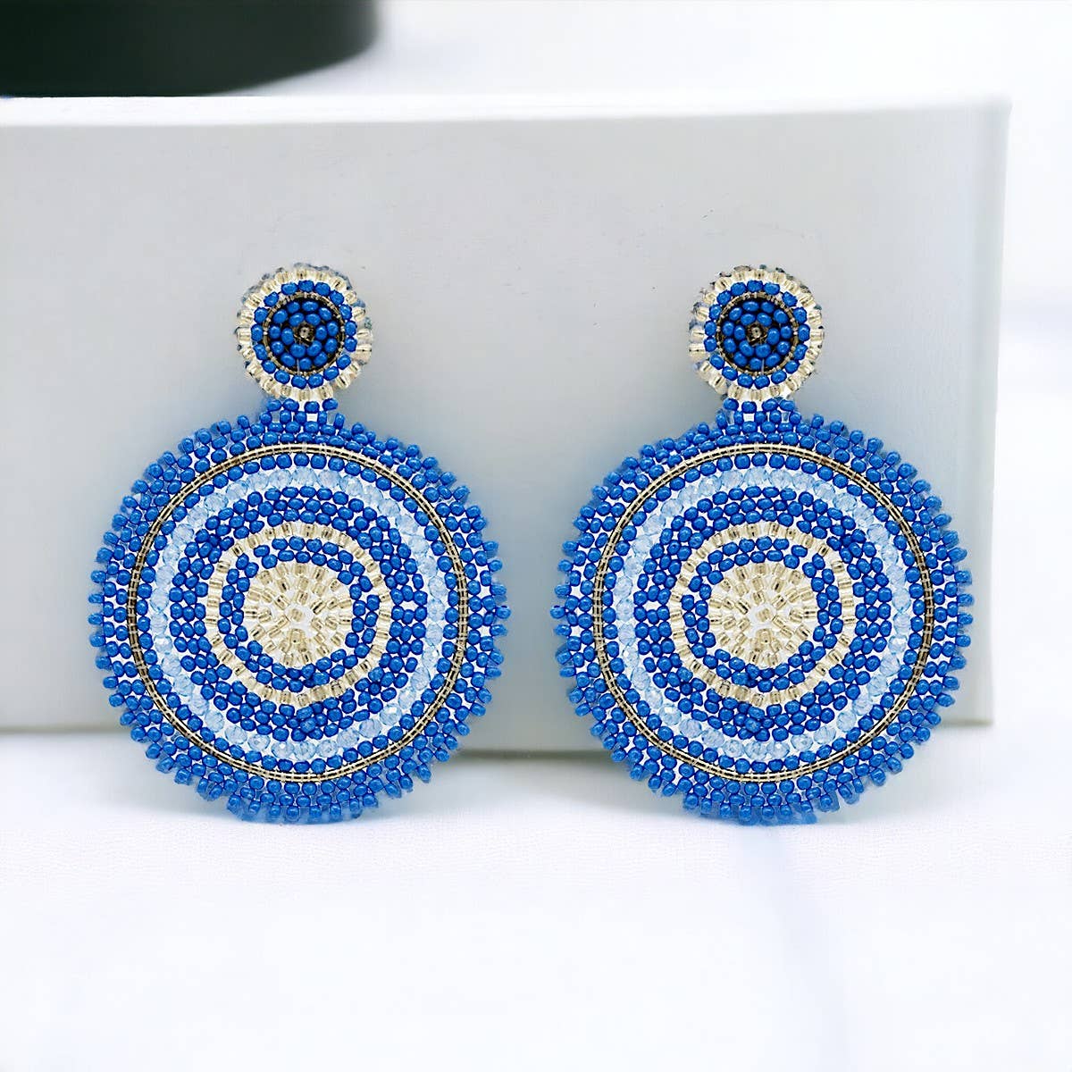 Narratives The Line – wholesale Dangle earrings – Royal Blue & Gold Beaded Circle Drop Earrings1