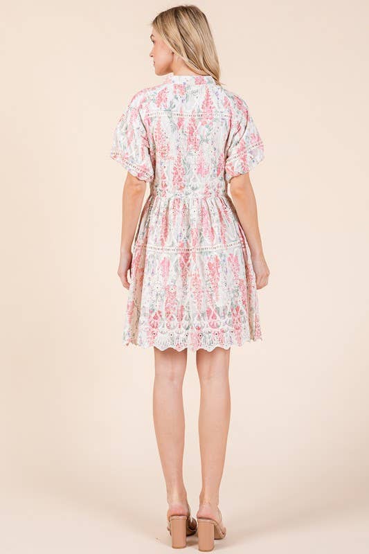 Pink Multi Floral Eyelet Lace Mini Shirt Dress, OD51255 for wholesale on Faire5