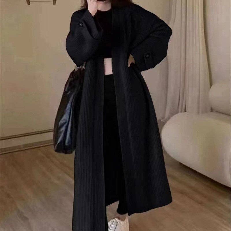 FurDecoration - Vendita all'ingrosso Cardigan - Donna - Cardigan a maglia lunga in lana di pecora oversize in tinta unita alla moda0