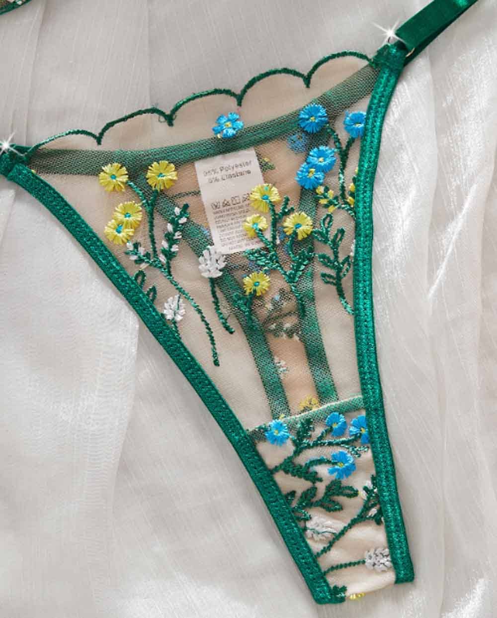 Green Ladies Sexy Multicolor Embroidery Bow Lingerie Set for wholesale on Faire2