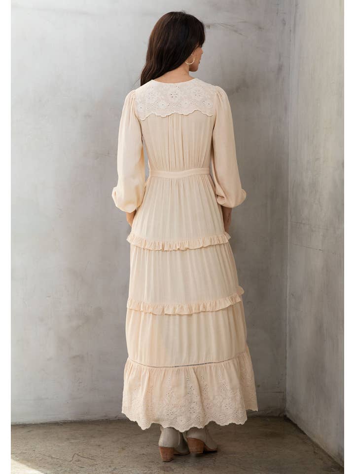 Natural Retro Boho Embroidered Ruffled Maxi Kimono Robe for wholesale on Faire