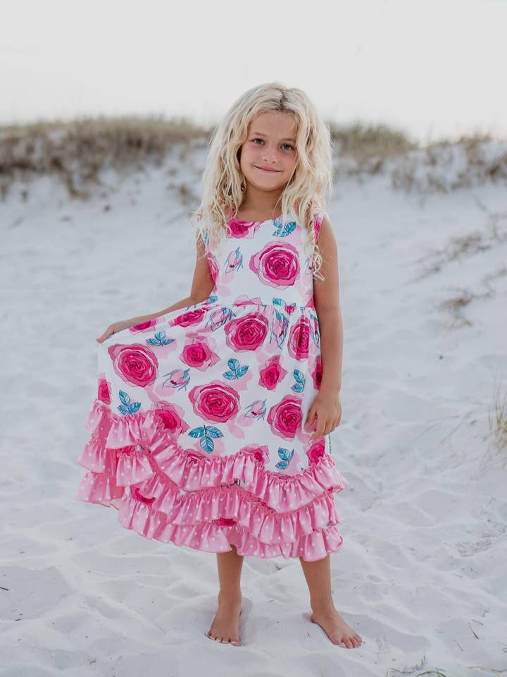Girls Pink Rose 3 Ruffle Spring Summer Easter Dress for wholesale by Adorable Sweetness