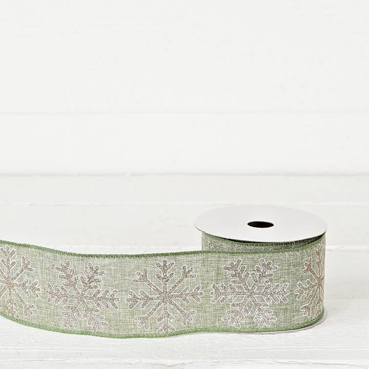R32931-Wired Ribbon-Mint Green Burlap w. snowflakes (2.5inW) for wholesale by Impressive Enterprises, Inc.